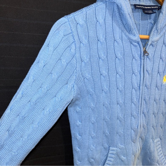 Ralph Lauren Sport Blue Cable Knit Hooded Full Zip Sweater Womens Small - Picture 5 of 11